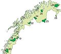 Pohjois-Norjan kansallispuistojen sijainti. Rautusvuoma (Stabbursdalen) on merkitty numerolla 26.