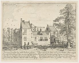 Slot Berkenrode Circa 1628 date QS:P,+1628-00-00T00:00:00Z/9,P1480,Q5727902 . etching print. 10.1 × 15.4 cm (3.9 × 6 in). Haarlem, Noord-Hollands Archief.