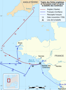 Carte montrant les côtes bretonnes avec des pointillés indiquant des trajets de navires.