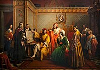 Léonard présente l'esquisse de la Cène au duc de Milan Ludovico il Moro, Francesco Podesti, 1846. Au centre de la scène se trouvent, comme ailleurs, le duc avec la duchesse Béatrice d'Este et le cardinal Ascanio.