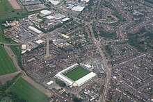 Franklin's Gardens from the air, the National Lift Tower can be seen in the background