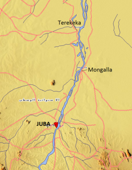 Map showing location of Mongalla in relation to the South Sudanese capital of Juba