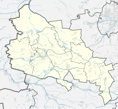 Mapa konturowa powiatu lublinieckiego, blisko górnej krawiędzi po lewej znajduje się punkt z opisem „Wędzina”