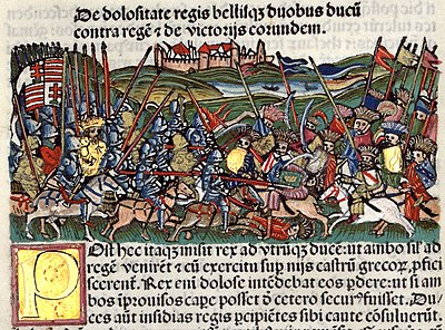 Chronica Hungarorum, Thuróczy chronicle, King Solomon of Hungary, Prince Géza of Hungary, battle, Greeks, Byzantine, Belgrade, Niš, Hungarian flag, horses, spikes, fight, armored soldiers, cavalry, medieval, Hungarian chronicle, book, illustration, history