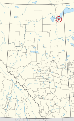 A map of the province of Alberta showing 80 counties and 145 small Indian reserves. One is highlighted with a red circle.