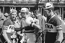 Three cyclists wearing cycling clothing with Flandria–Faema–Clément insignia