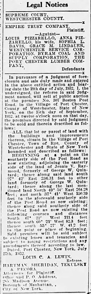 Thumbnail for File:Sophia Lindauer and Grace Lindauer foreclosure of 307 Boston Post Road in The Daily Item of Port Chester, New York on September 7, 1932.jpg