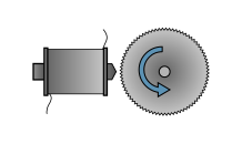 Tonewheel (right) rotates beneath electro-magnetic pickup (left)