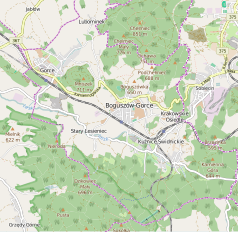 Mapa konturowa Boguszowa-Gorców, w centrum znajduje się punkt z opisem „Parafia św. Pawła Apostoła”