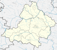 Mapa konturowa powiatu jędrzejowskiego, na dole po lewej znajduje się punkt z opisem „Jeżów”