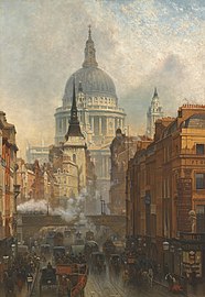 Oil painting, John O'Connor, Evening on Ludgate Hill (1887) St Paul's looms beyond St Martin's.