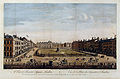 Leicester Square in London 1753, Nordansicht, kolorierter Stich von Thomas Bowles, 1753