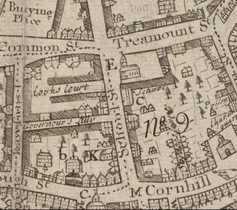 Detail of 1743 map of Boston by William Price, showing School Street and vicinity