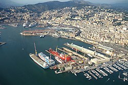 Aerial view over the harbour of Genoa