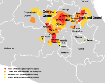 Areas with significant Otomi speaking populations extend from the area west of Mexico city around the city of Toluca northwards to central Hidalgo and northeast into the borderlands between the states of Hidalgo, Puebla and Vera Cruz. The areas with the highest concentration of speakers are northwest Mexico state, southern Querétaro, central Hidalgo and northwest Veracruz.