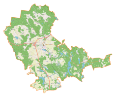 Mapa konturowa gminy Olsztynek, blisko centrum na lewo znajduje się punkt z opisem „Kaplica Kościoła Ewangelicko-Augsburskiego w Olsztynku”