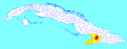 Município de Bayamo (vermelho) na província de Granma (amarelo) e Cuba.