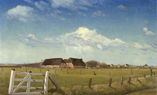 L.A. Ring, Indhegnede grønninger ved en gård med en storkerede på taget, Skærbæk, 1903, Davids Samling