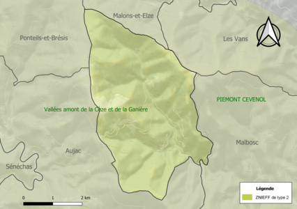 Carte de la ZNIEFF de type 2 sur la commune.