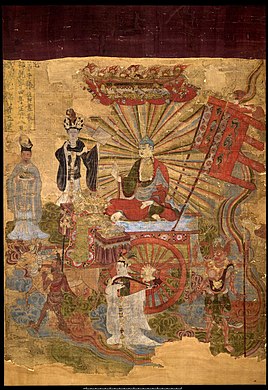 Buda Tejaprabhā ("Buda das Luzes Resplandecentes") e os Cinco Planetas (ano 897), antropomorfizados segundo o estilo iraniano: Mercúrio, Vênus, Marte, Júpiter e Saturno. Seu culto emergiu na China do século IX, misturando-se a práticas astrológicas como magia astral e deidades astrais chinesas.[165]