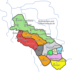 Silesian duchies in 1309–11, Oświęcim before its separation from the Duchy of Cieszyn (yellow)