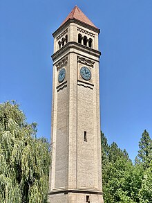The Great Northern clock tower used to be part of a railway depot before Expo '74. The location of the former depot's roofline can be seen where the brick changes color.