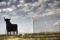 Image 52Wind turbines are typically installed in windy locations. In the image, wind power generators in Spain, near an Osborne bull. (from Wind power)