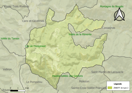 Carte des ZNIEFF de type 2 sur la commune.