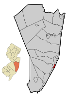 Location of Harvey Cedars in Ocean County highlighted in red (right). Inset map: Location of Ocean County in New Jersey highlighted in orange (left).