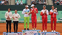 Siegerehrung bei den Olympischen Sommerspielen der Jugend im Mädchendoppel