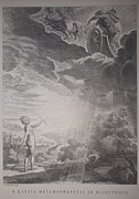 The nymph klytie transforming into a sunflower as the sun god drives his chariot above, engraving by abraham diepenbeeck for the metamorphoses book by ovid, in a greek language copy.jpg