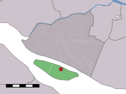 The former hamlet (dark red) and the statistical district (light green) of Tiengemeten in the former municipality of Korendijk.