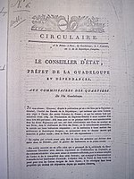 Arrêté consulaire sur le rétablissement de l'esclavage. Circulaire du préfet colonial de la Guadeloupe du 27 messidor an X (16 juillet 1802).