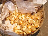 The fruits of Palmyra Palm tree, Borassus flabellifer (locally called Thaati Munjelu) sold in a market at Guntur, India.