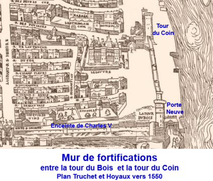 Muro de fortificação da Tour du Bois à Tour du Coin no mapa Truchet et Hoyaux por volta de 1550: a Porte Neuve ou Porte de la Conférence aberta em 1536 está representada