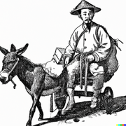 DALL·E - Illustration of Chinese postman in the past riding a mulepack to deliver letters, wood engraving.png