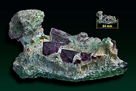 Fluoryt na aragonicie - Yaogangxian Mine, Hunan, Chiny.jpg