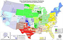 A map of the United States divided into numerous (83) districts, differentiated by colors, which are grouped by shades indicating the Farm Credit Bank or Agricultural Credit Bank district to which it belongs.