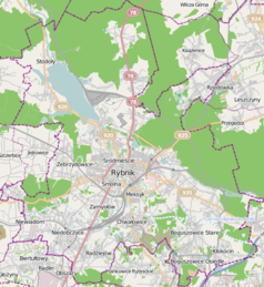 Mapa konturowa Rybnika, blisko centrum na dole znajduje się punkt z opisem „I Liceum Ogólnokształcące im. Powstańców Śląskich w Rybniku”