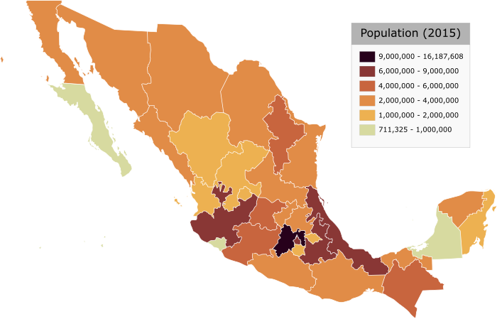 Map of each state's population as of 2015