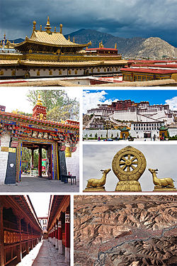 از بالا سمت چپ': roof of the Jokhang Temple; Norbulingka monastery main gate; قصر پوتالا; چرخ دارما و prayer wheels (پایین), Jokhang; satellite picture of Lhasa