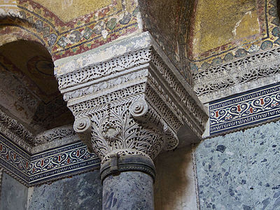 Byzantine volutes of an Ionic capital in the Hagia Sophia, Istanbul, Turkey, by Anthemius of Tralles or Isidore of Miletus, 6th century[10]