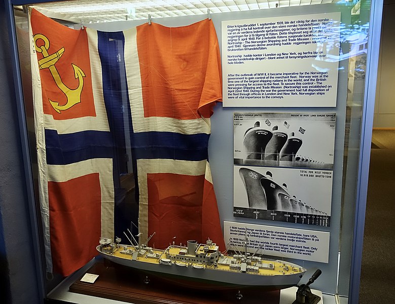 File:WW2 Norway NORTRASHIP Norwegian Shipping and Trade Mission merchant fleet flag Norske handelsflåte handelsflagg 1936 MS British Columbia Express model skipsmodell etc Armed Forces Museum Forsvarsmuseet Oslo 2019-03-31 01660.jpg