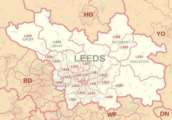 LS postcode area map, showing postcode districts, post towns and neighbouring postcode areas.