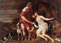 Venus and Adonis . circa 1658 date QS:P,+1658-00-00T00:00:00Z/9,P1480,Q5727902 . oil on canvas medium QS:P186,Q296955;P186,Q12321255,P518,Q861259 . 168 × 230 cm (66.1 × 90.5 in). Amsterdam, Rijksmuseum Amsterdam.