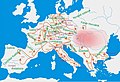 Image 19Hungarian campaigns across Europe in the 10th century. Between 899 and 970, according to contemporary sources, the researchers count 47 (38 to West and 9 to East) raids in different parts of Europe. From these campaigns only 8 were unsuccessful and the others ended with success. (from History of Hungary)