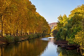 Tübingen - Neckarfront - Blick entlang Neckar im Herbst