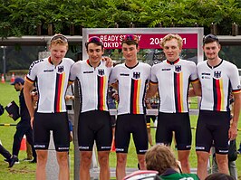 Het Duitse team op het Tokyo 2020 test evenement, met Georg Zimmermann als tweede van rechts