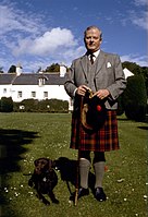 3rd Duke of Fife wearing a traditional Scottish kilt skirt (1984).