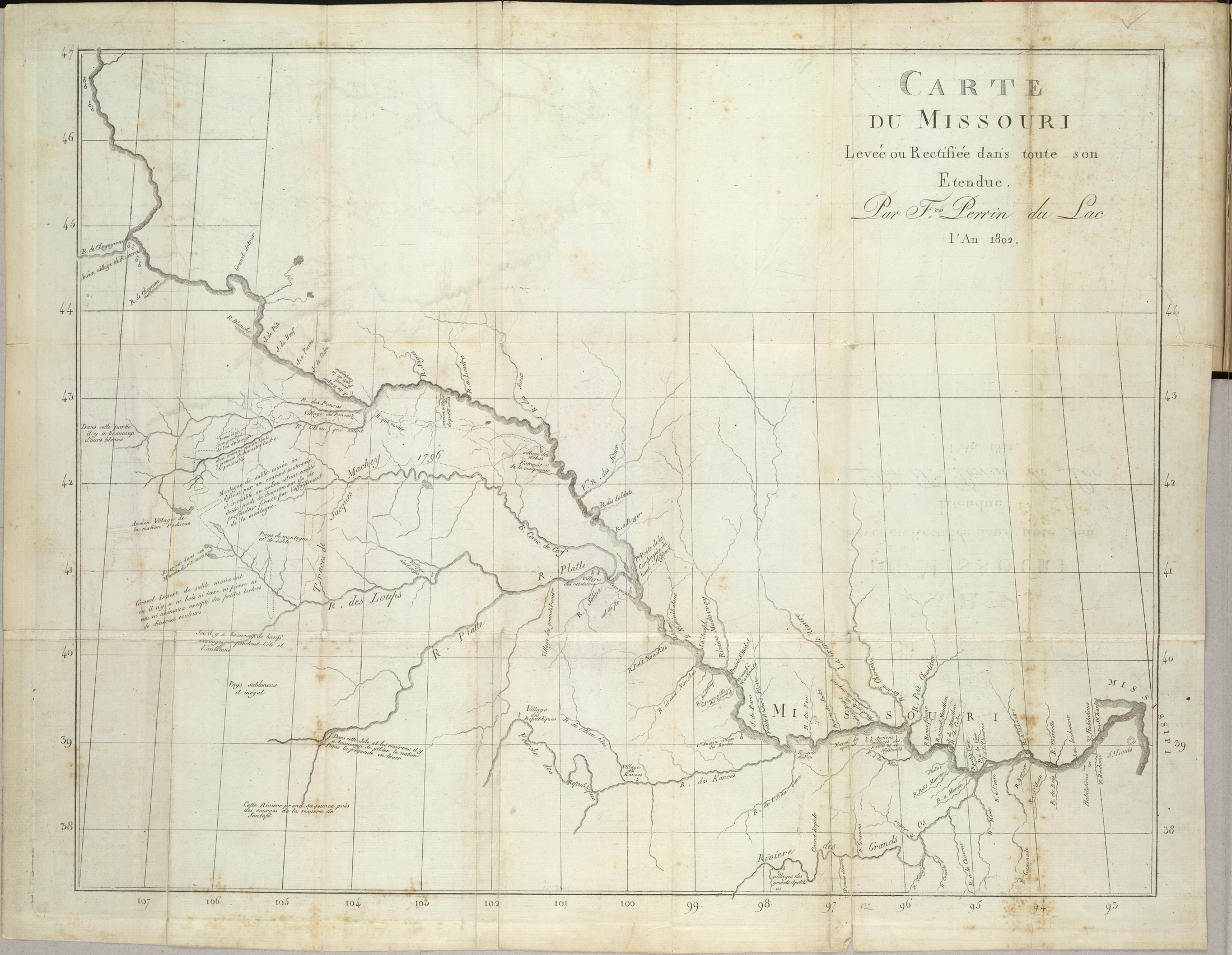 Perrin du Lac’s "Map of the Banks of the Missouri River" (1802), locates the Pawnee Republic (Village des Republic) on the Republican Fork of the Kansas River[1]
